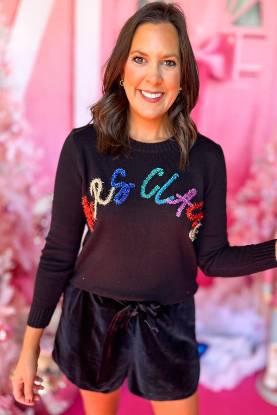 Black Mrs. Claus Glitter Script Sweater, must have sweater, must have style, fall style, fall fashion, elevated style, elevated dress, mom style, fall collection, fall sweater, shop style your senses by mallory fitzsimmons