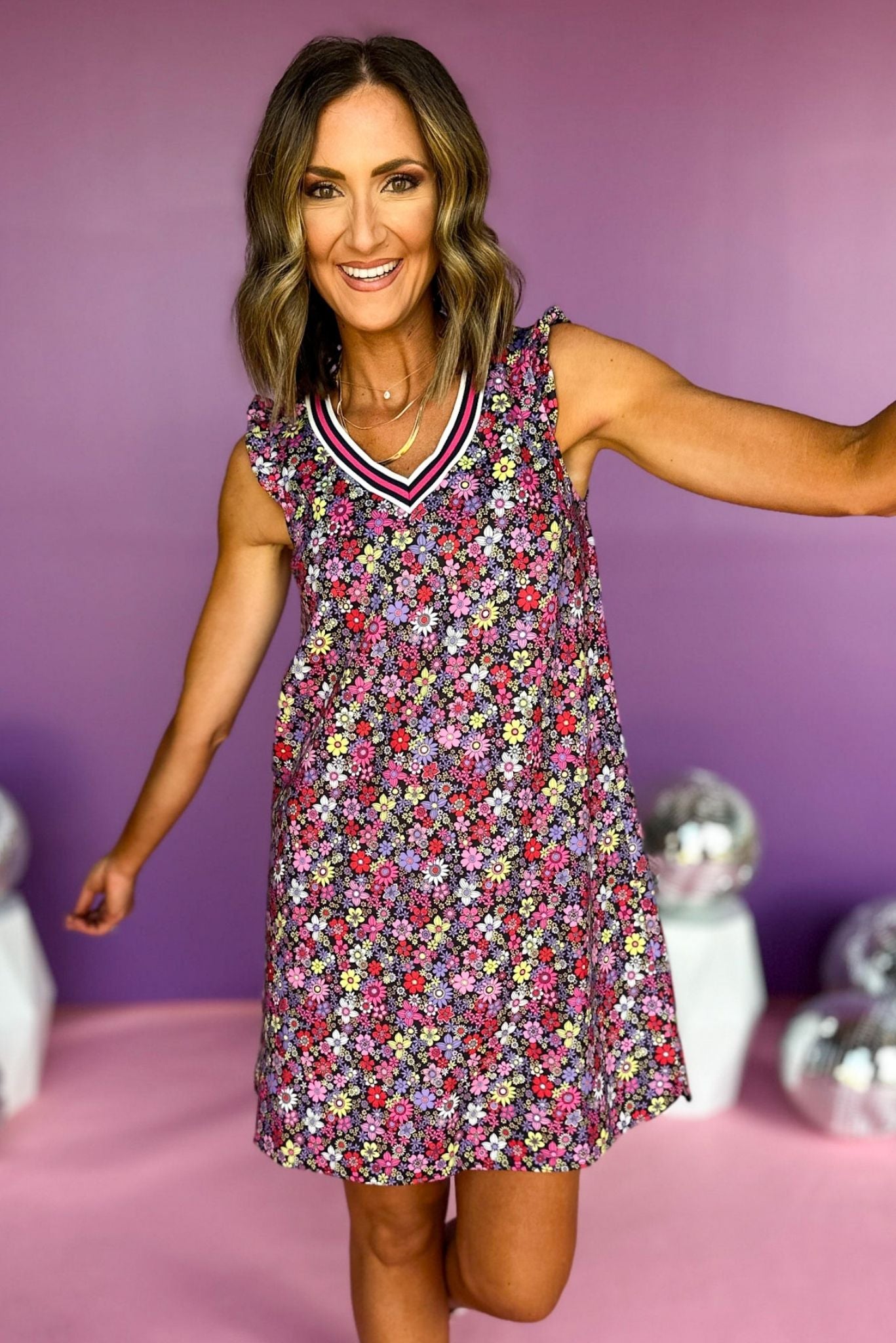 Load image into Gallery viewer, SSYS Bright Retro Floral Scuba V Neck Active Dress With White Navy and Pink Stripe Trim, active dress, must have dress, must have active dress, stylish activewear, elevated active wear, mom style, elevated style, active style, shop style your senses by mallory fitzsimmons
