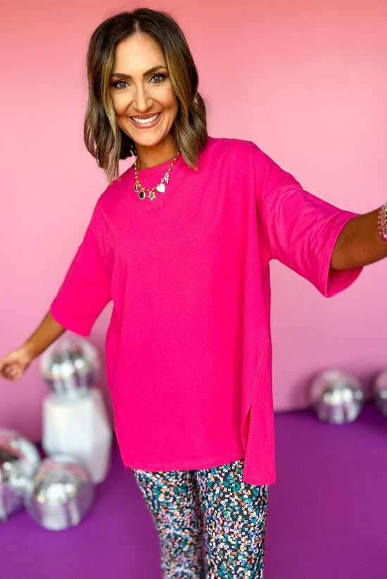 Load image into Gallery viewer, SSYS Fuchsia Longline Short Sleeve Side Slit Top, elevated top, elevated style, must have top, must have style, relaxed fit, relaxed style, athleisure, mom style, SSYS the label, SSYS athleisure, shop style your senses by mallory fitzsimmons
