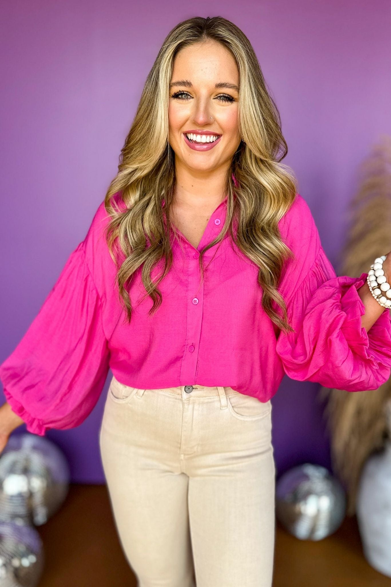 Fuchsia Button Front Puffed Sleeve Top, elevated top, elevate style, fall style, elevated fall, must have fall, must have top, must have style, mom style, summer to fall top, shop style your senses by mallory fitzsimmons
