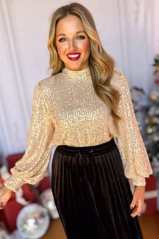  Gold Sequin Long Balloon Sleeve Top, must have top, must have style, elevated top, elevated style, holiday style, holiday fashion, elevated holiday, holiday collection, affordable fashion, mom style, shop style your senses by mallory fitzsimmons