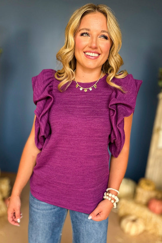 Load image into Gallery viewer, THML Purple Ruffled Puffed Short Sleeve Knit Top, must have top, must have style, must have fall, fall collection, fall fashion, elevated style, elevated top, mom style, fall style, shop style your senses by mallory fitzsimmons
