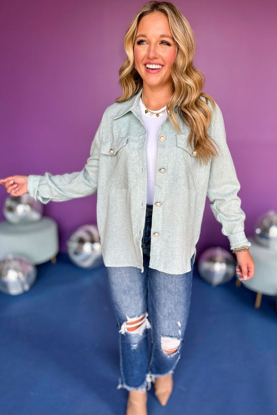 Blue Long Sleeve Embellished Button Down Shacket, must have top, must have style, must have fall, fall collection, fall fashion, elevated style, elevated top, mom style, fall style, shop style your senses by mallory fitzsimmons