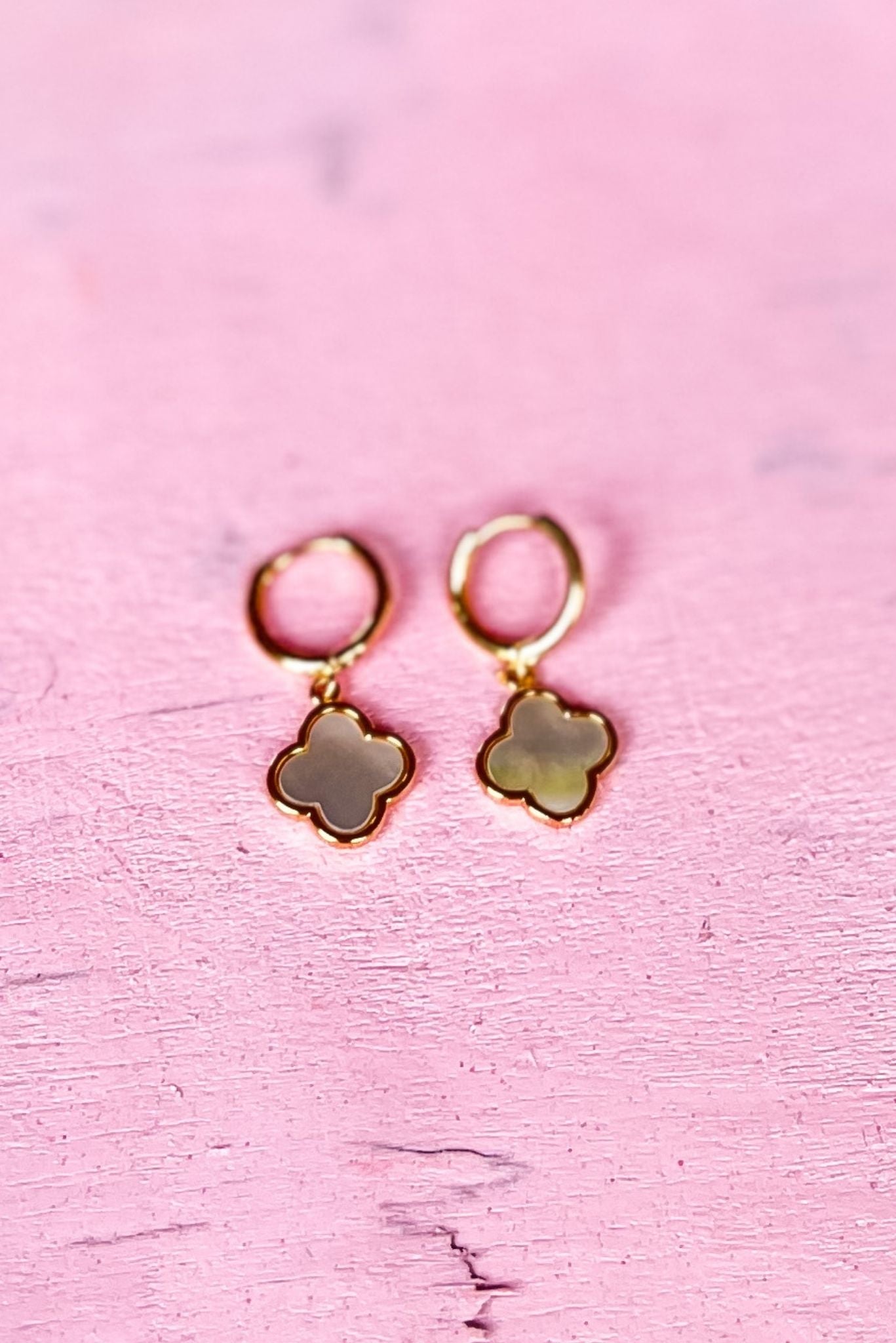 Load image into Gallery viewer,  Gold Mother of Pearl Quatrefoil Huggie Hoop Earrings, Accessory, Earrings, Shop Style Your Senses by Mallory Fitzsimmons
