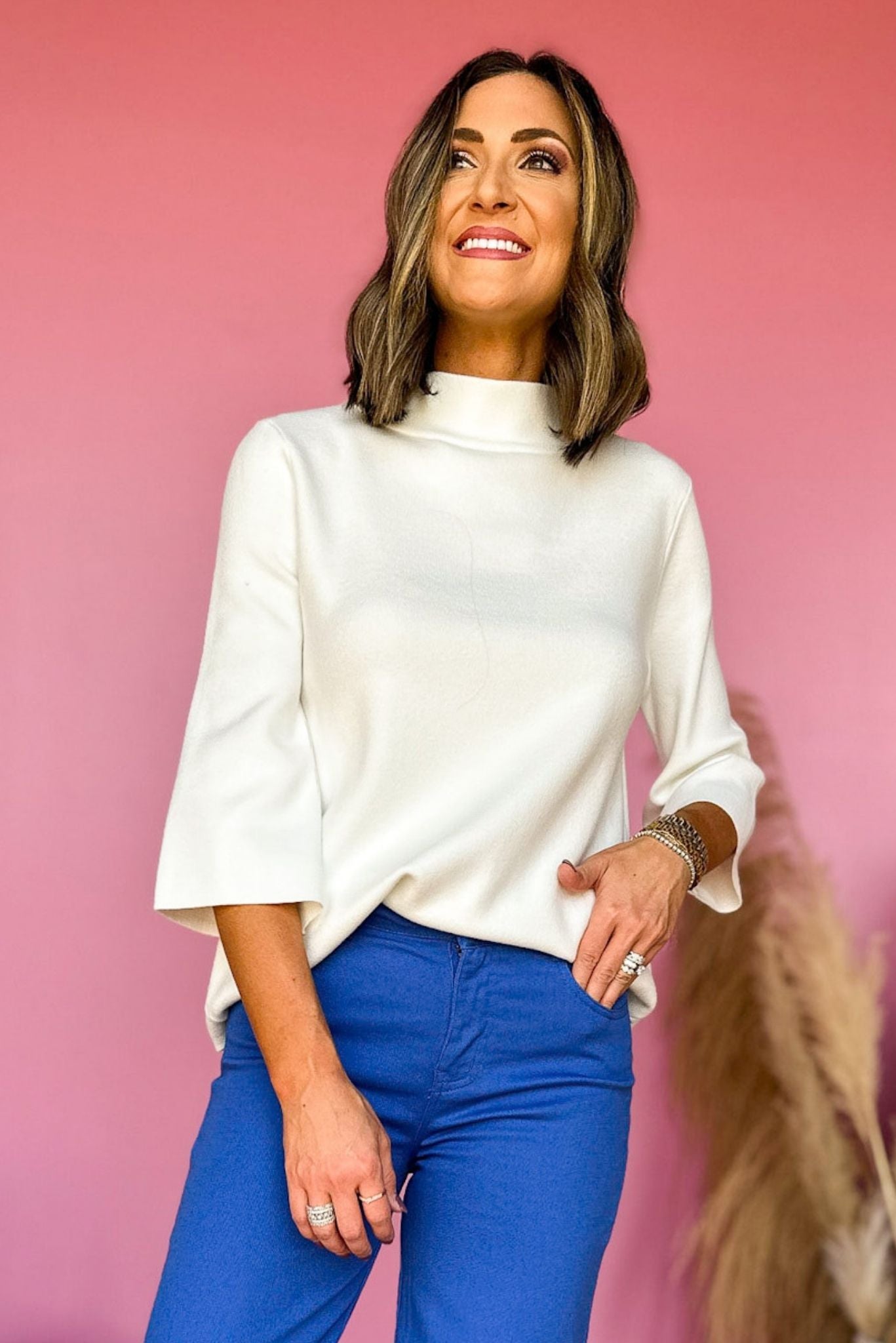 Load image into Gallery viewer, Cream Mock Neck Bell Sleeve Sweater, elevated style, elevated basic, bell sleeve detail, must have basic, must have sweater, mom style, fall fashion, fall style, affordable fashion, shop style your senses by mallory fitzsimmons

