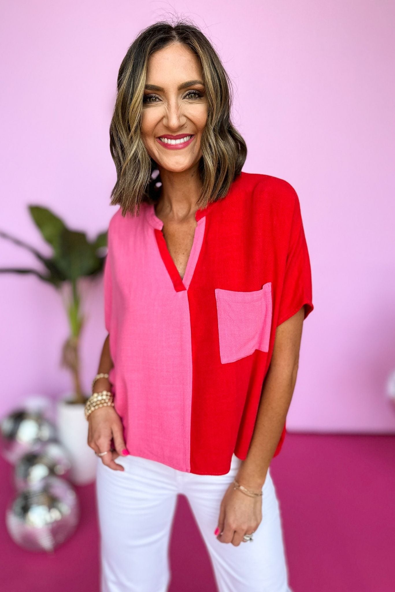  Hot Pink Red Colorblock V Neck Pocket Top, V neck top, summer top, mom style, summer style, shop style your senses by mallory fitzsimmons