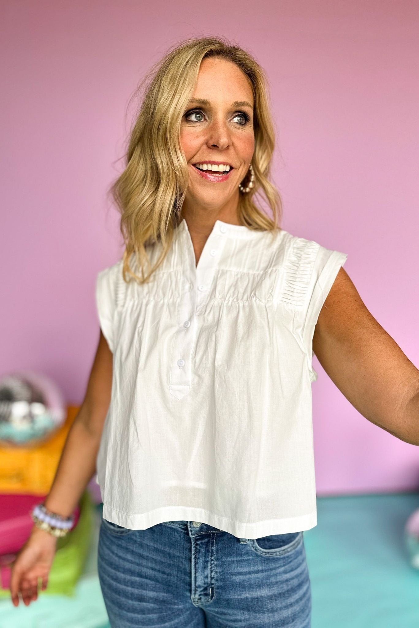 Load image into Gallery viewer, White Shirring Detail Button Front Top, summer top, elevated style, mom style, shop style your senses by mallory fitzsimmons
