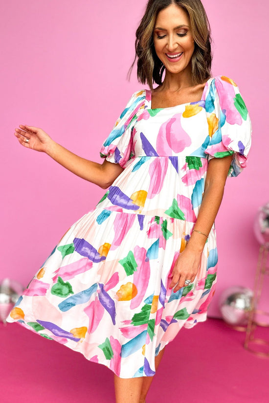 Pink Abstract Printed Square Neck Puff Sleeve Tiered Midi Dress, Summer Dress, Mom Style, Bright Colors, Shop Style Your Senses by Mallory Fitzsimmons