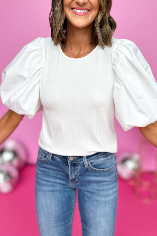 Load image into Gallery viewer, off white ribbed knit puff short sleeve top, summer style, elevated details, mom style, must have white top, work wear, shop style your senses by mallory fitzsimmons
