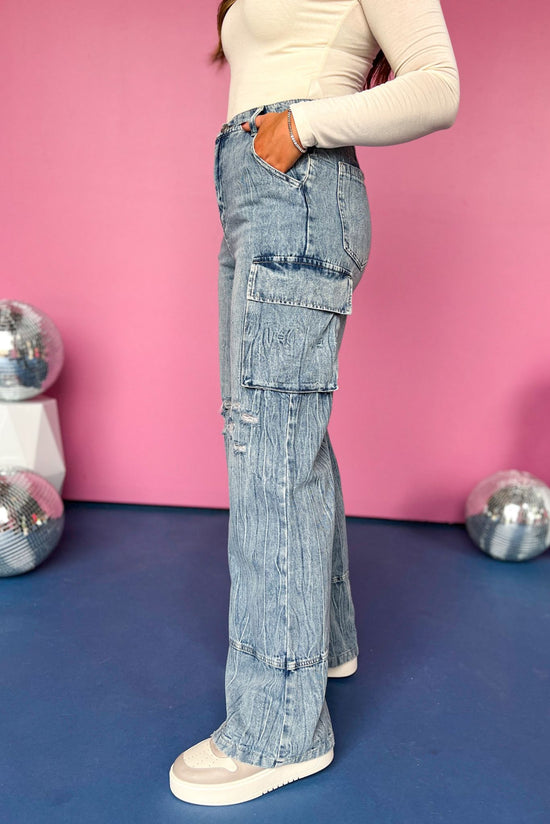 Load image into Gallery viewer, Light Wash High Rise Cargo Denim Pants, must have pants, must have style, street style, fall style, fall fashion, fall pants, elevated style, elevated pants, mom style, shop style your senses by mallory fitzsimmons
