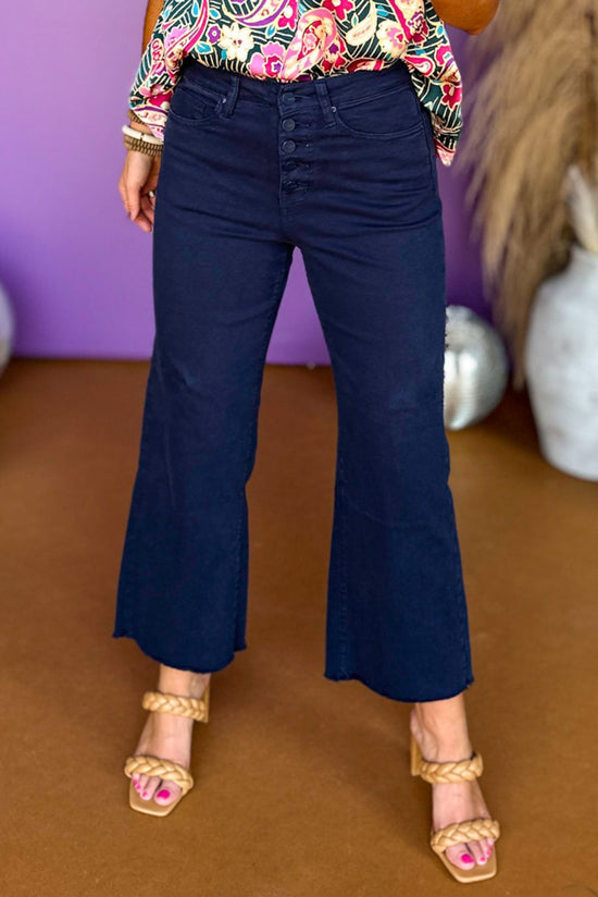 Load image into Gallery viewer, Mica Navy Chromatic High Rise Crop Button Front Wide Leg Jeans
