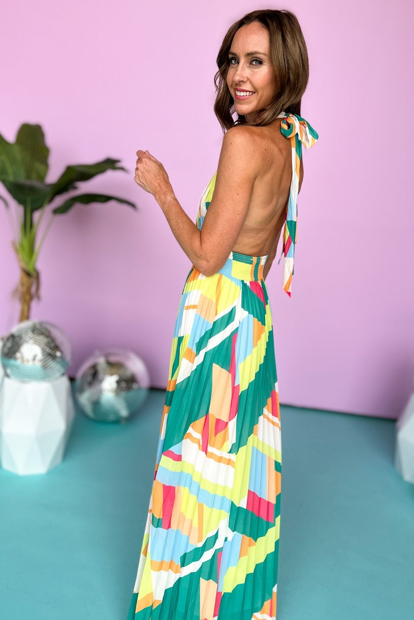 Ivory Green Abstract Printed Halter Cut Out Pleated Maxi Dress, Printed Dress, Maxi Dress, Summer Dress, Summer Style, Mom Style, Shop Style Your Senses by Mallory Fitzsimmons