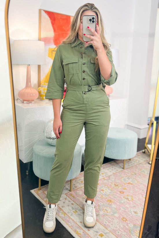 Load image into Gallery viewer, Olive Button Up Jumpsuit With Pockets *FINAL SALE*
