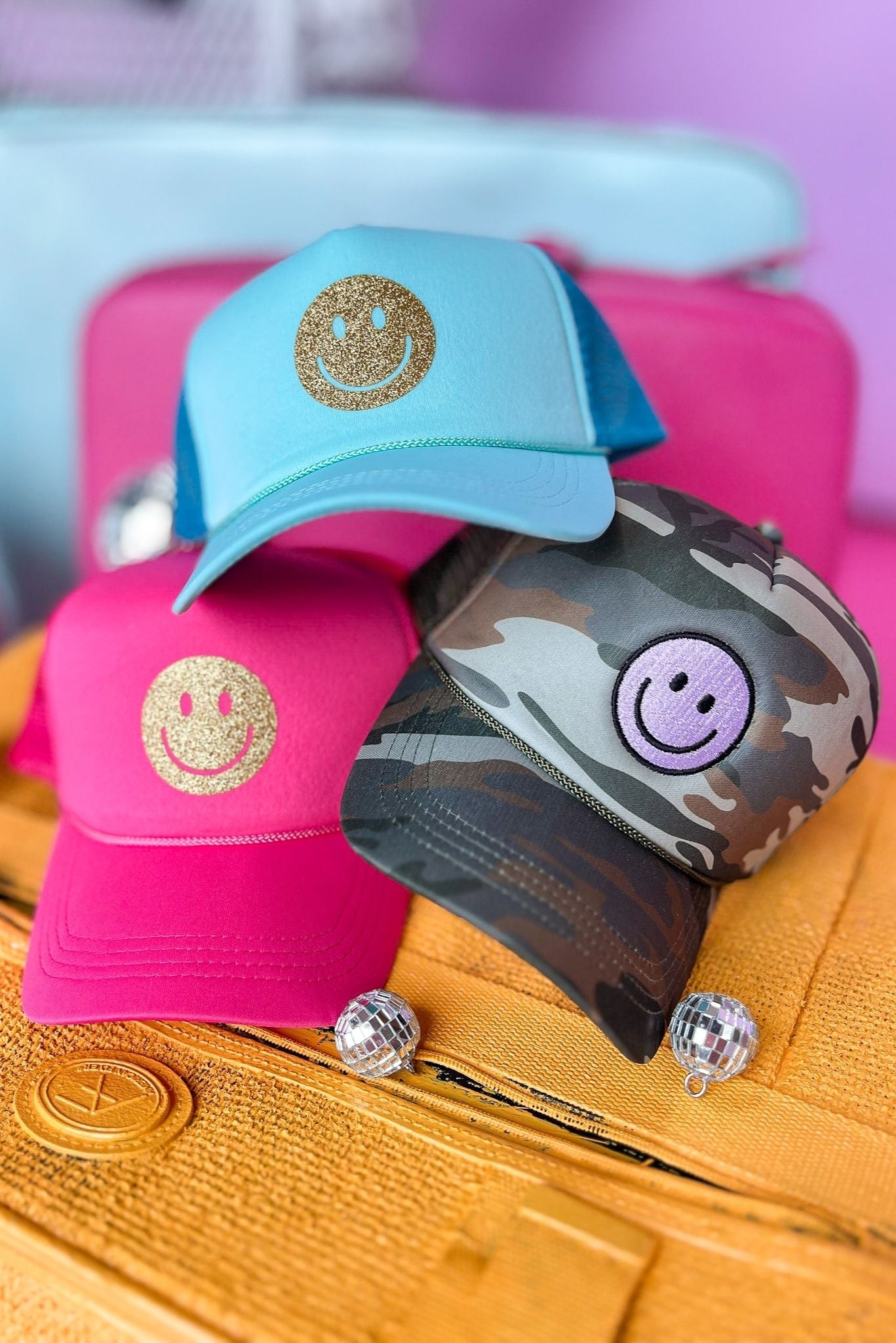 Load image into Gallery viewer, Turquoise Glitter Smiley Trucker Hat, Accessory, Trucker Hat, Shop Style Your Senses by Mallory Fitzsimmons
