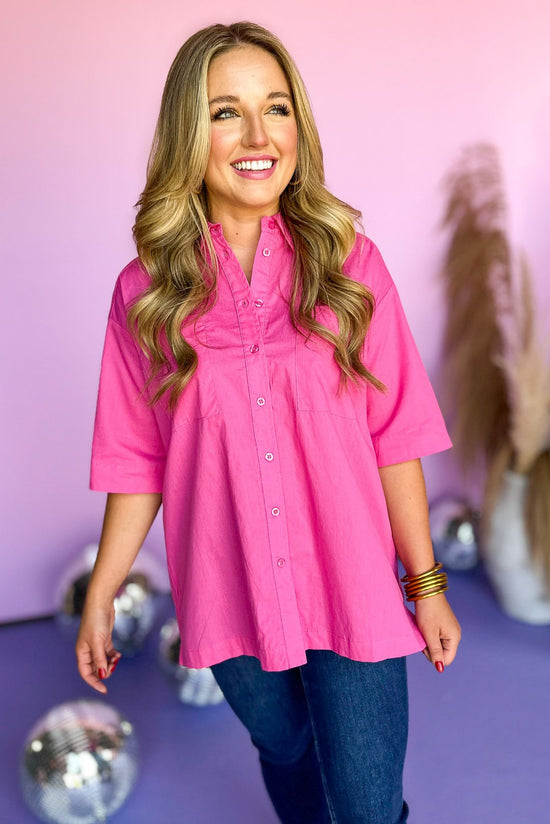 Magenta Short Sleeve Button Front Collared Top, summer top, elevated style, mom style, shop style your senses by mallory fitzsimmons