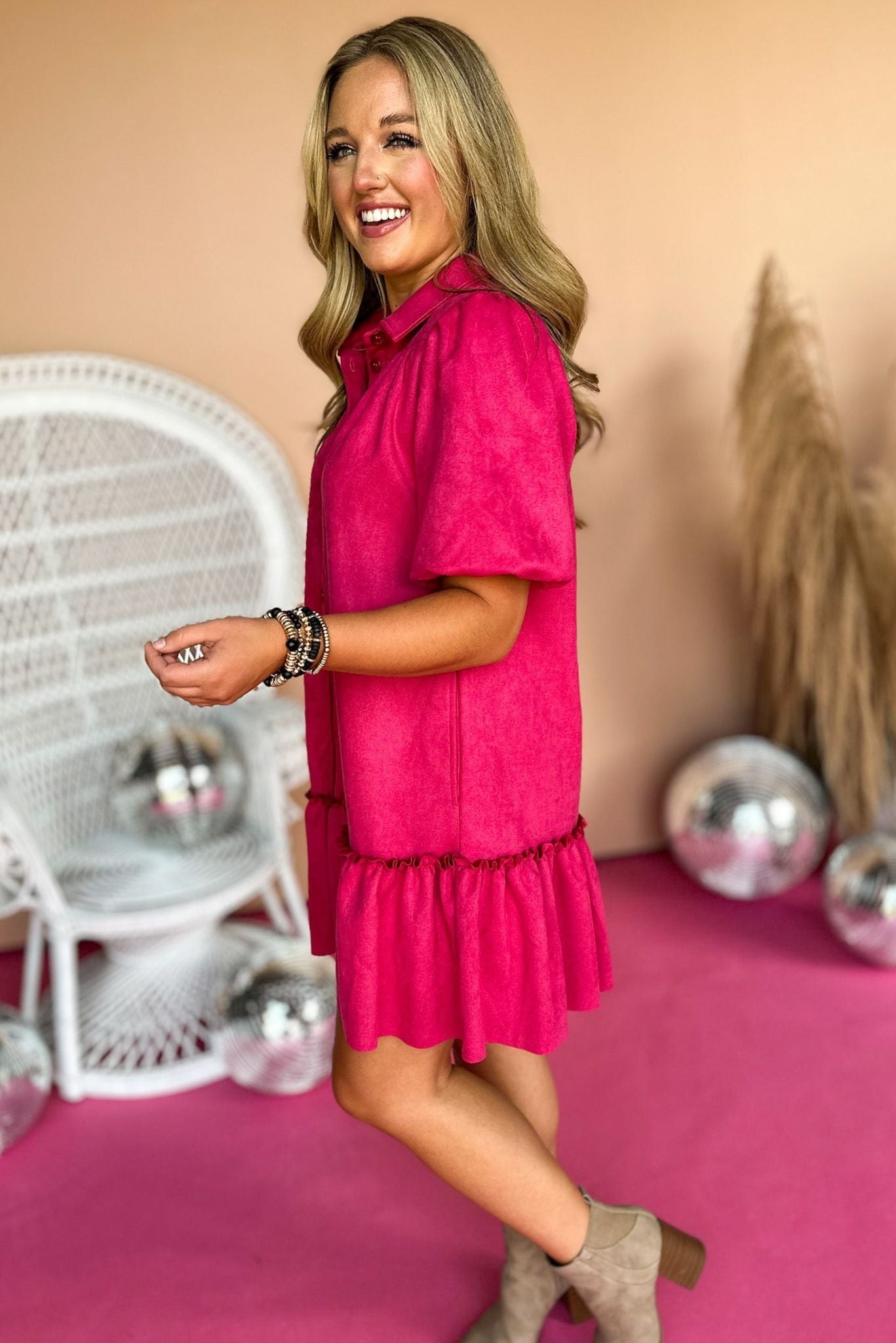 Load image into Gallery viewer, Pink Faux Suede Button Down Puff Sleeve Dress, elevated dress, elevated style, must have dress, must have style, fall dress, fall fashion, family photos dress, mom style, shop style your senses by mallory fitzsimmons
