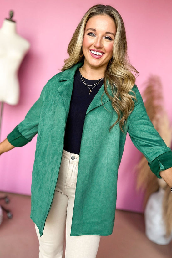 Load image into Gallery viewer, Green Faux Suede Lapel Detail Jacket, elevated style, elevated jacket, must have jacket, must have fall, faux suede jacket, mom style, office style, shop style your senses by mallory fitzsimmons
