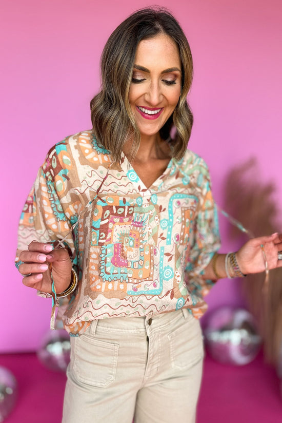 taupe abstract printed bubble sleeve top, fall transition piece, neutral summer, work wear, casual outfit, mom style, must have piece, shop style your senses by mallory fitzsimmons