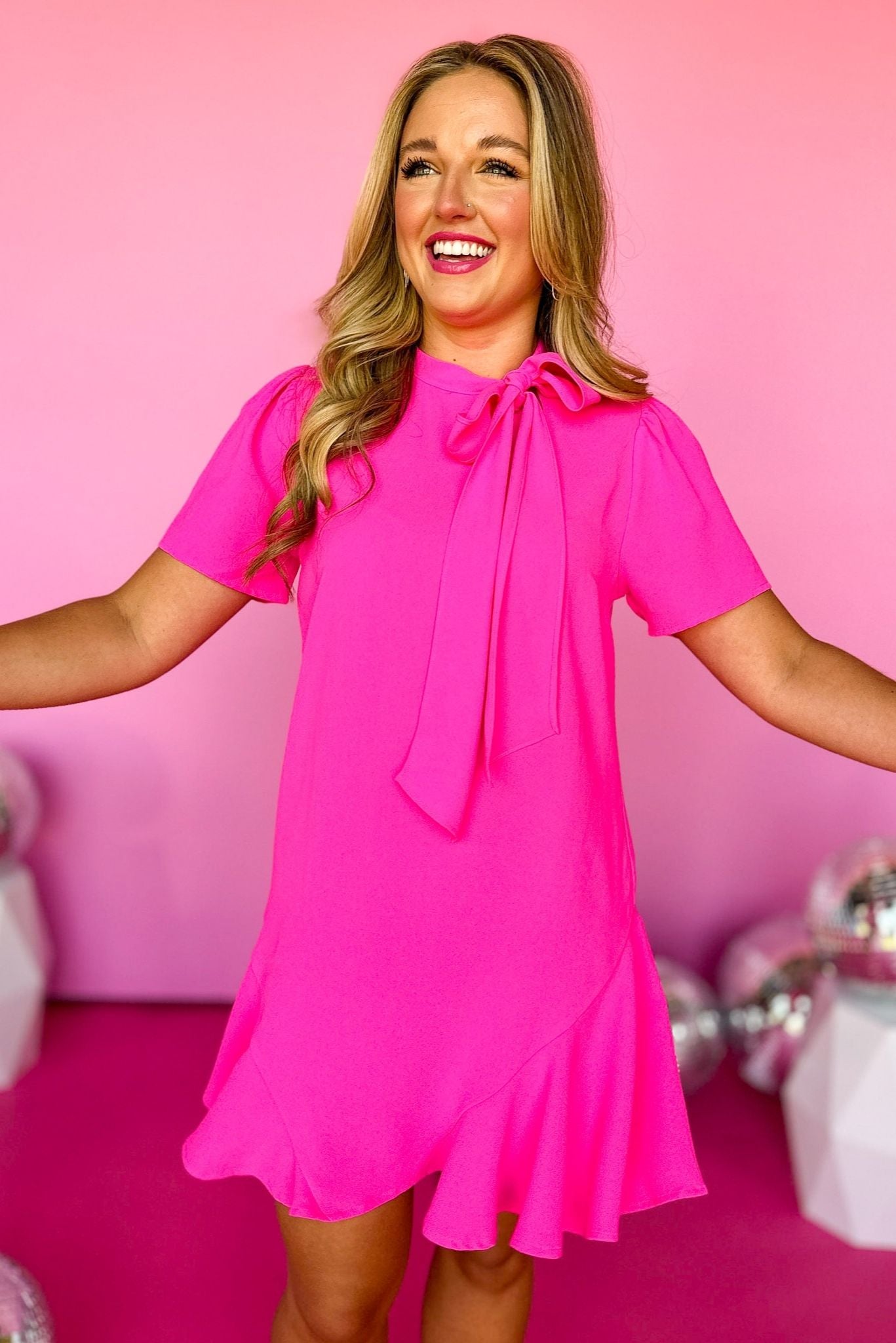  Pink Neck Short Sleeve Trumpet Skirted Dress, office dress, barbie pink, elevated style, shop style your senses by mallory fitzsimmons