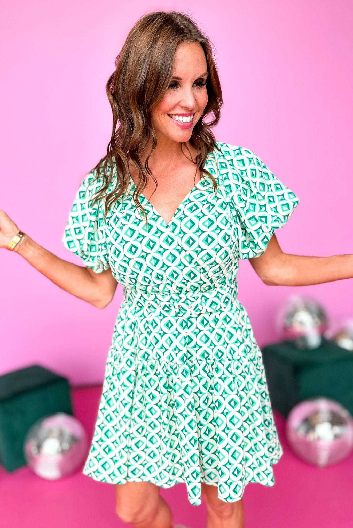 Load image into Gallery viewer,  Green Geometric Printed V Neck Puff Short Sleeve Belted Mini Dress, belted dress, geometric print, puff sleeve, must have, new arrival, shop style your senses by mallory fitzsimmons
