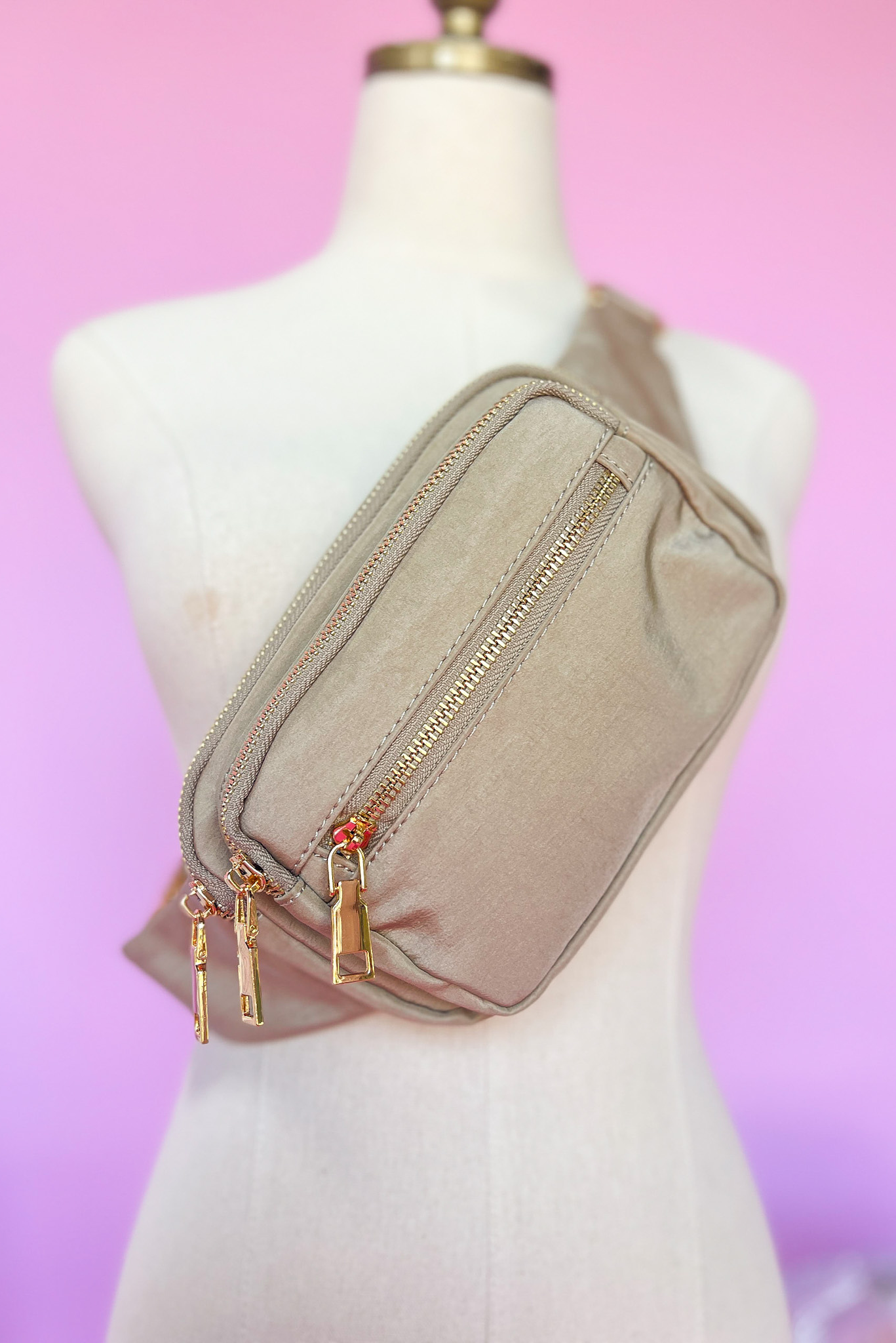 Load image into Gallery viewer, Taupe Zipper Front Belt Bag, accessories, fanny pack, belt bag, Shop Style Your Senses By Mallory Fitzsimmons
