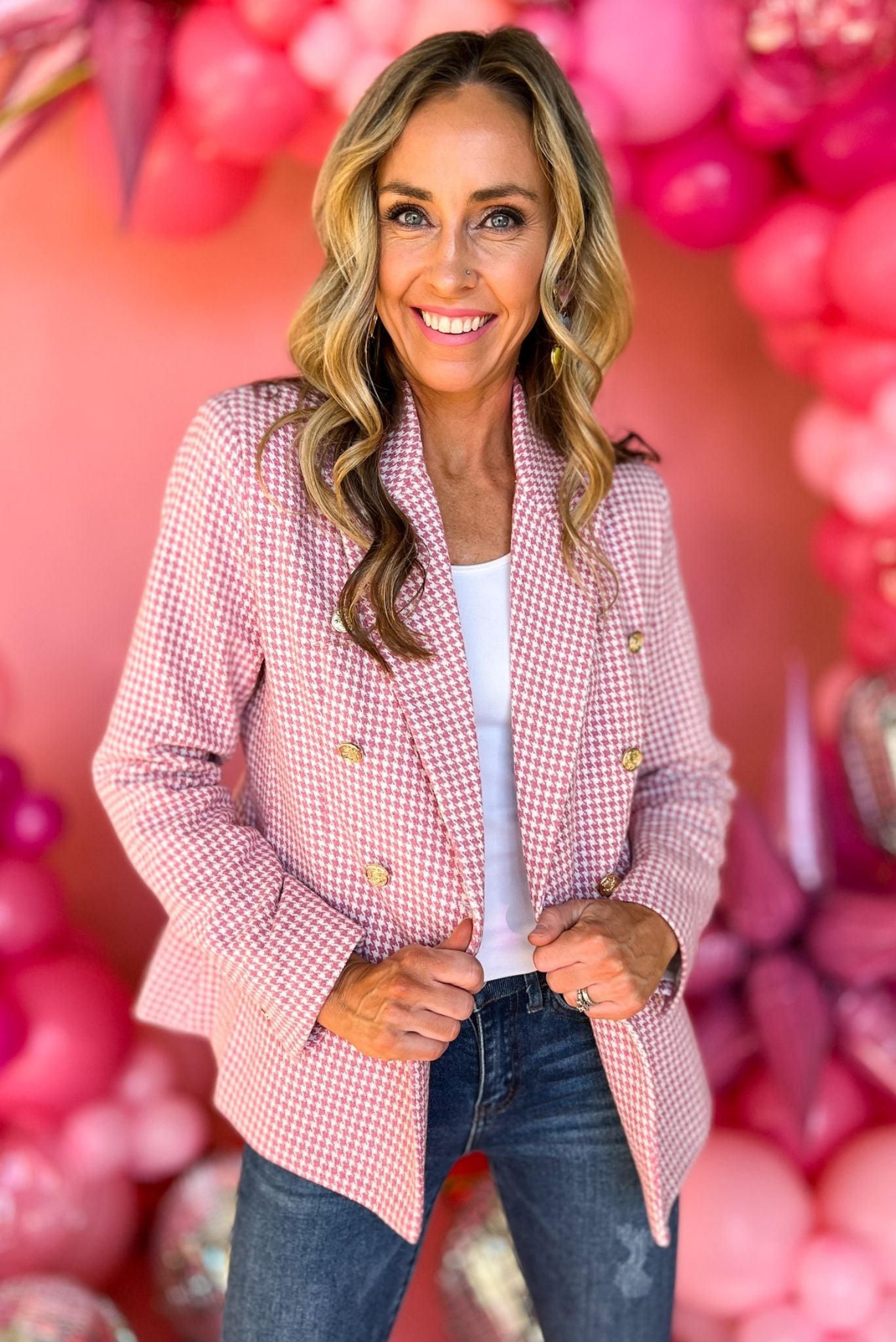 Load image into Gallery viewer, Pink Tweed Gold Button Blazer
