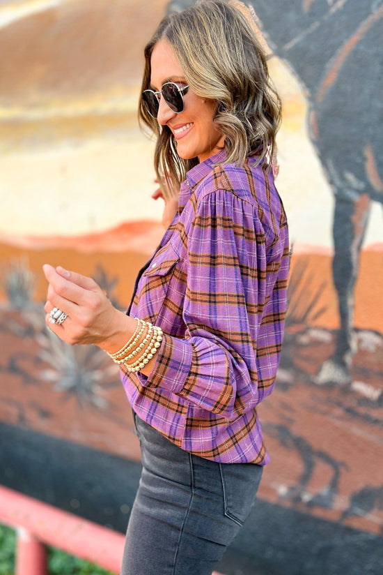 Purple Brown Plaid Button Down Flannel, simple flannel, pearl snap detail, fall must have, shop style your senses by mallory fitzsimmons