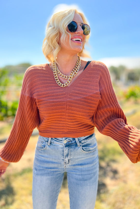 Load image into Gallery viewer, Brown V Neck Ribbed Knit Open Back Sweater, fall fashion, must have, sweater weather, mom style, date night, shop style your senses by mallory fitzsimmons
