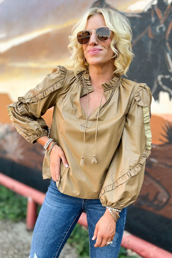 Khaki Pleather Ruffle Detail Bubble Long Sleeve Top by Karlie, faux leather top, ruffle detail, v neck, creamy color, staple piece, must have, shop style your senses by mallory fitzsimmons