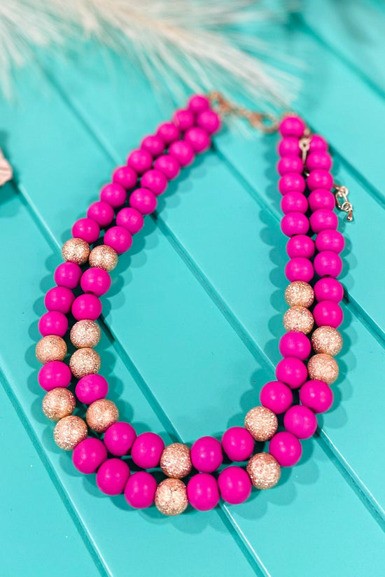 Load image into Gallery viewer, Fuchsia Wood Gold Bead Necklace
