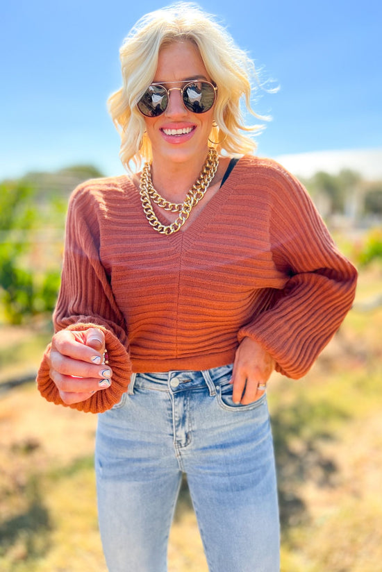 Load image into Gallery viewer, Brown V Neck Ribbed Knit Open Back Sweater, fall fashion, must have, sweater weather, mom style, date night, shop style your senses by mallory fitzsimmons
