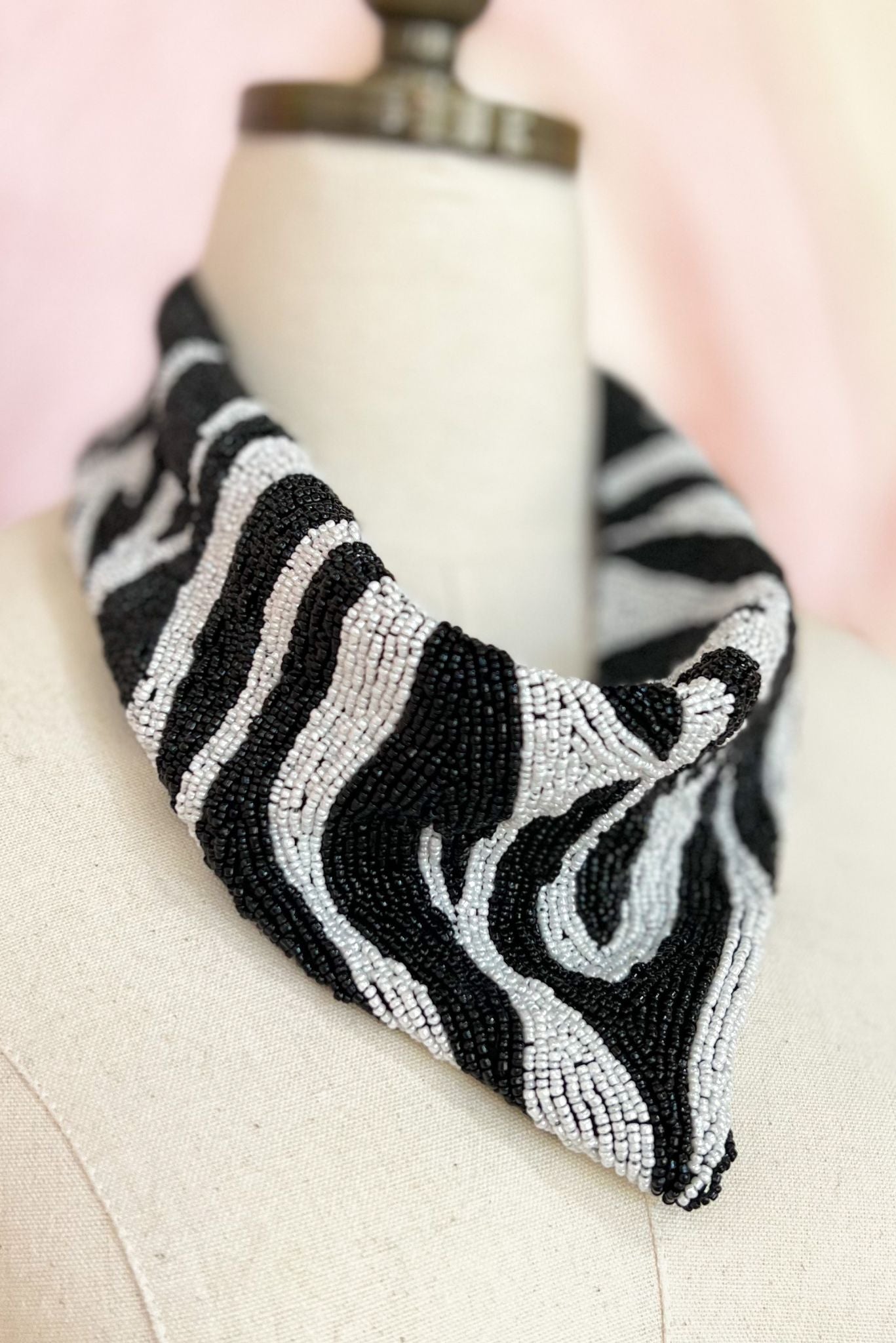 Load image into Gallery viewer, Black White Animal Stripe Seed Bead Collar Necklace, fall fashion, fall must have, elevated look, trendy, mom style, shop style your senses by mallory fitzsimmons
