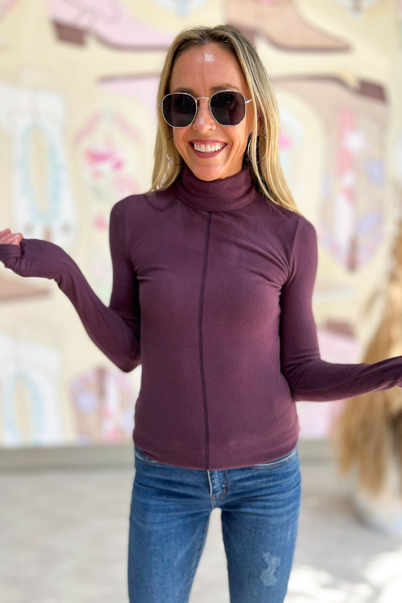 wine Exposed Hem Turtleneck Top, fall staple, fall fashion, must have, layered look, exposed hem detail, shop style your senses by mallory fitzsimmons