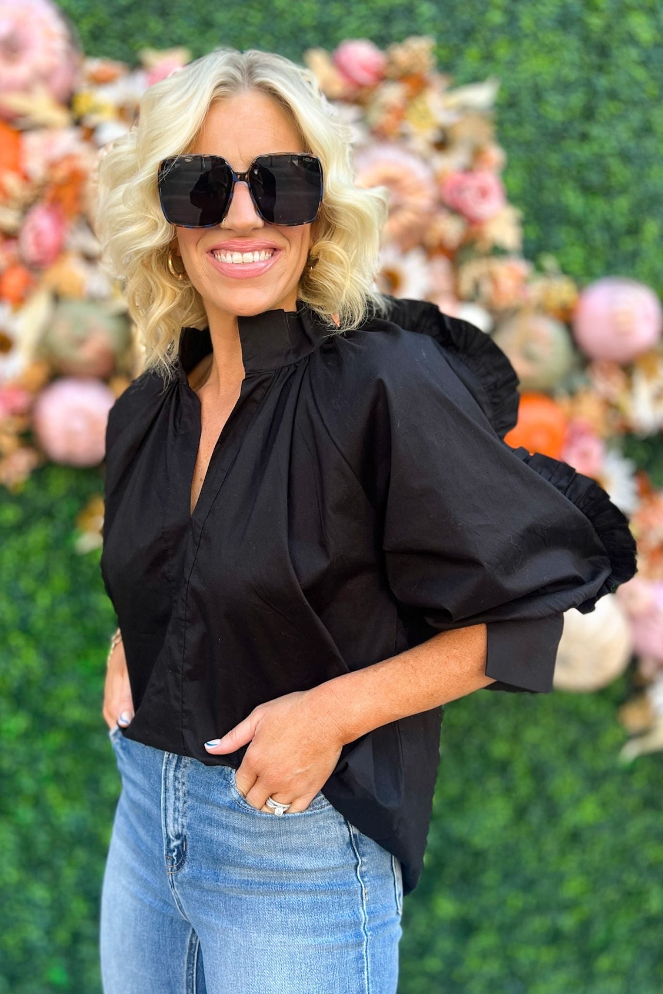 Load image into Gallery viewer, Black Poplin Ruffle Sleeve V Neck Top by Karlie, fall fashion, fall must have, elevated look, mom style, shop style your senses by mallory fitzsimmons
