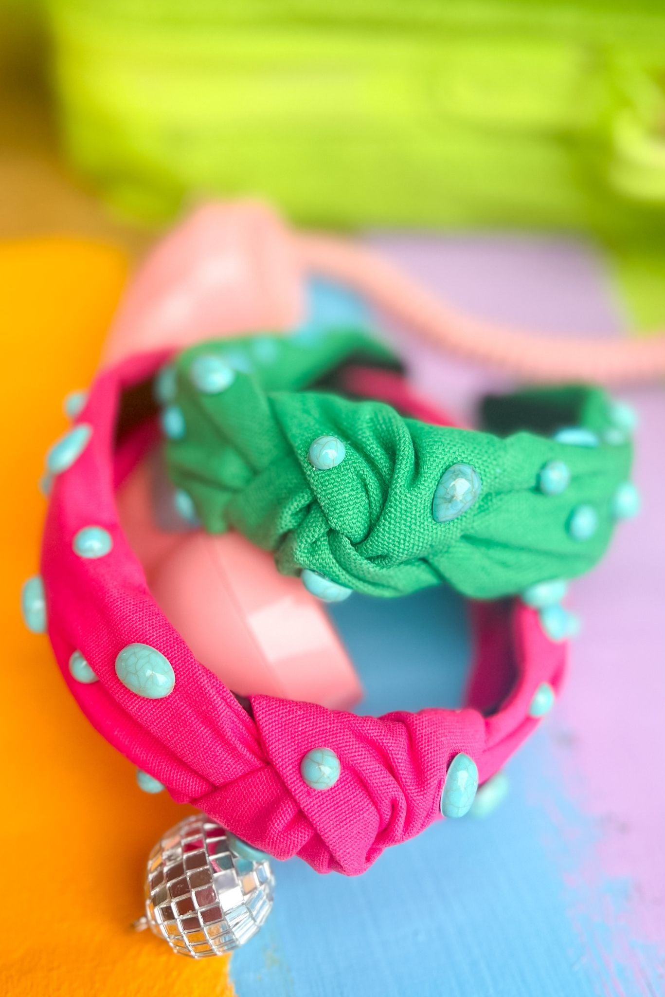 Load image into Gallery viewer, Hot Pink and Turquoise Stone Knot Headband
