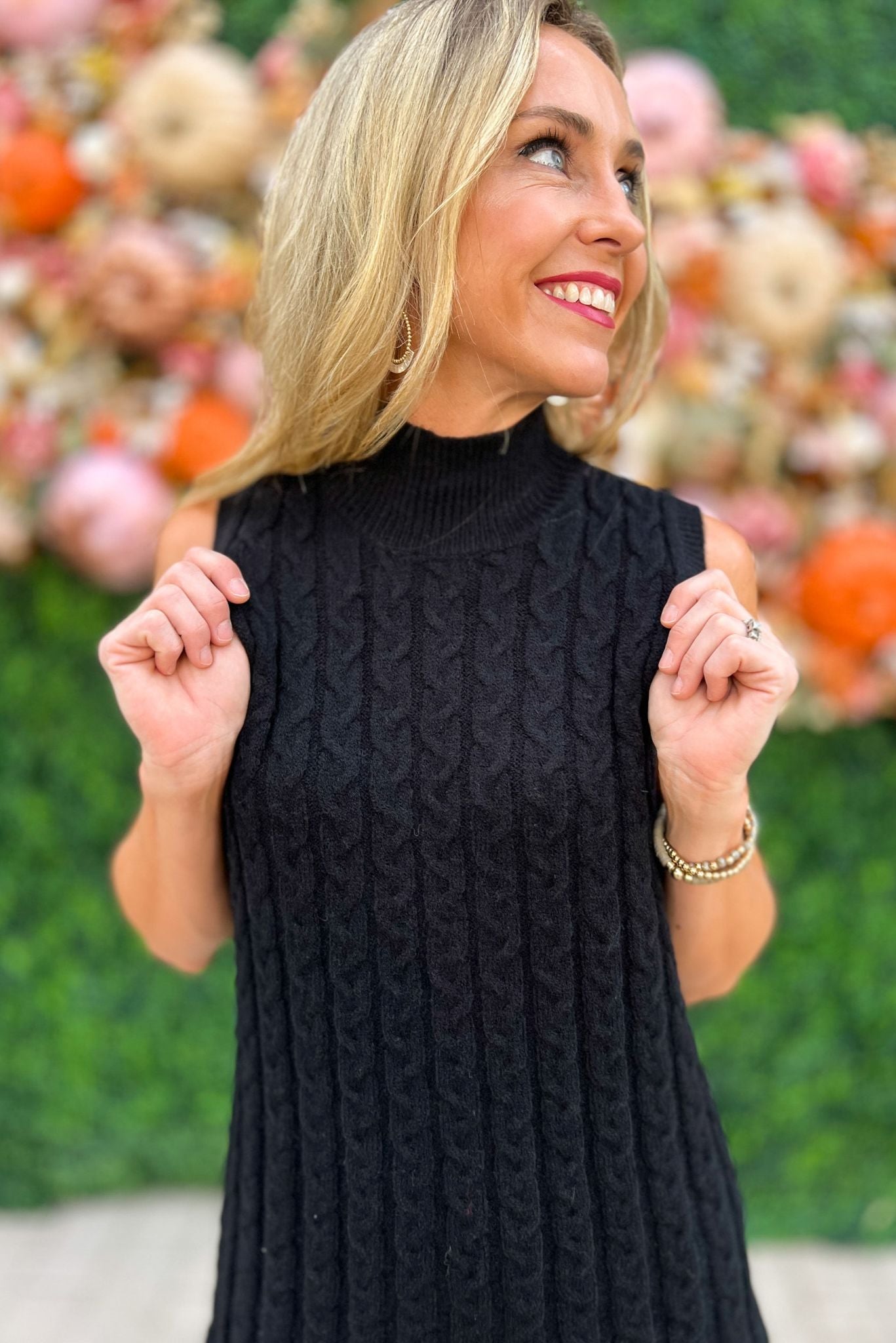 Black Cable Knit Mock Neck Sleeveless Sweater Dress, fall fashion, fall must have, sweater dress, thanksgiving look, mom style, layered look, shop style your senses by mallory fitzsimmons