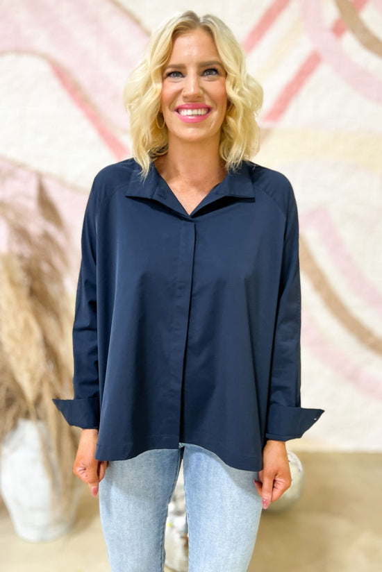 Load image into Gallery viewer, Navy Pleated Back Button Down Top SSYS The Label *FINAL SALE*
