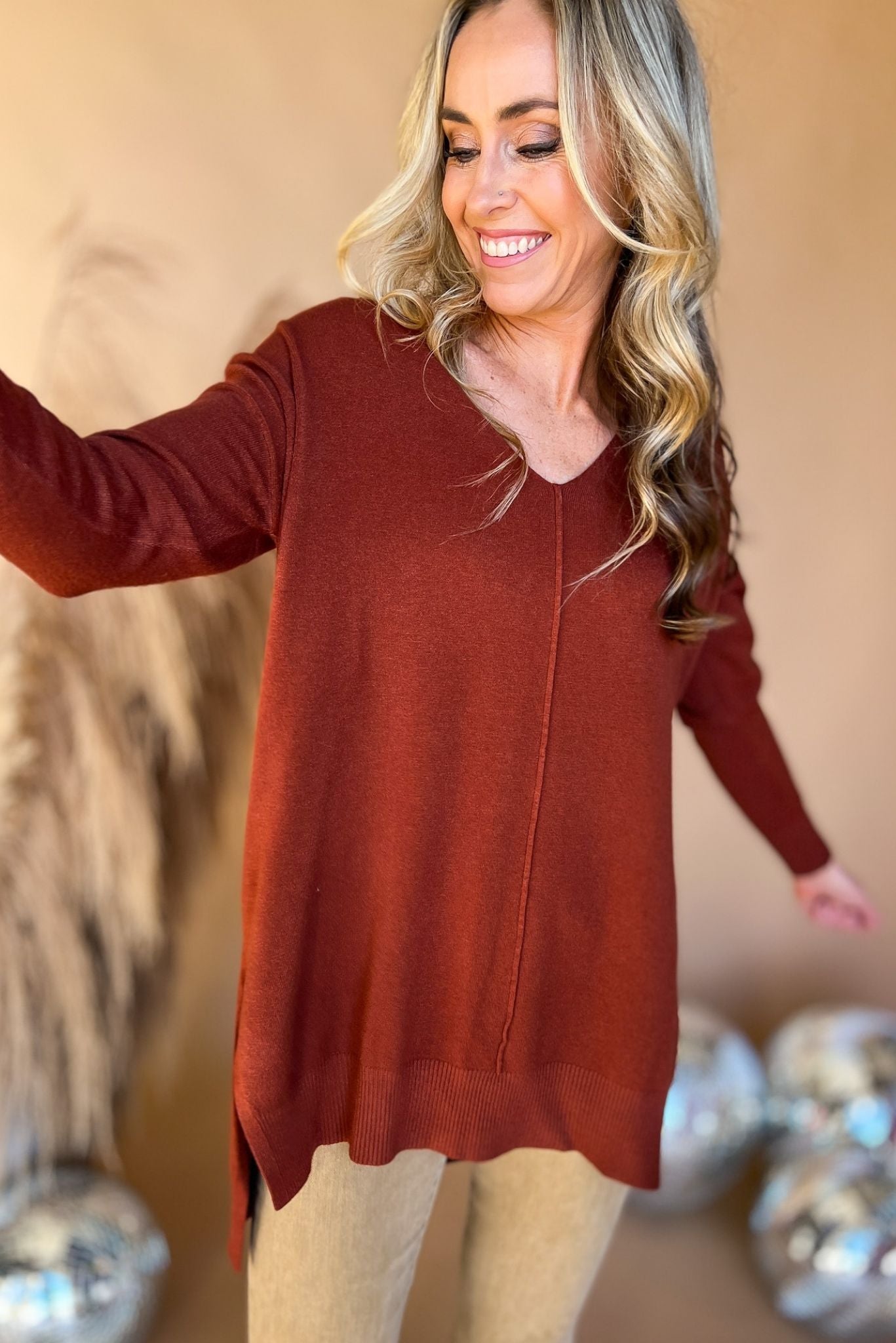 Load image into Gallery viewer, Dark Rust V Neck Front Seam Side Slit Sweater, everyday sweater, must have, front seam detail, mom style, elevated look, shop style your senses by mallory fitzsimmons
