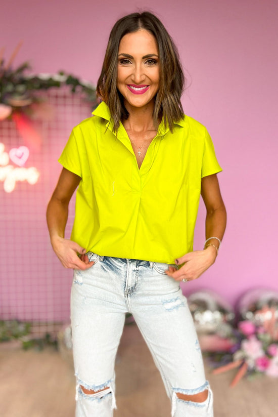 Load image into Gallery viewer, Lime Poplin Collared Short Sleeve Button Down Top
