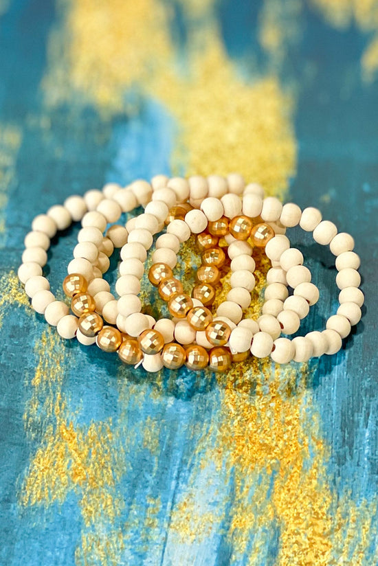 Load image into Gallery viewer, Ivory Wooden Beaded Gold Accent Bracelet Stack
