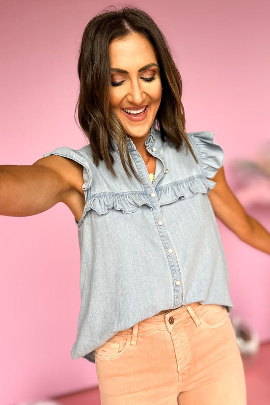 SSYS light wash Sleeveless Ruffle Hem Denim Top, custom top, pearl button detail, ruffle detail, must have, mom style, shop style your senses by mallory fitzsimmons