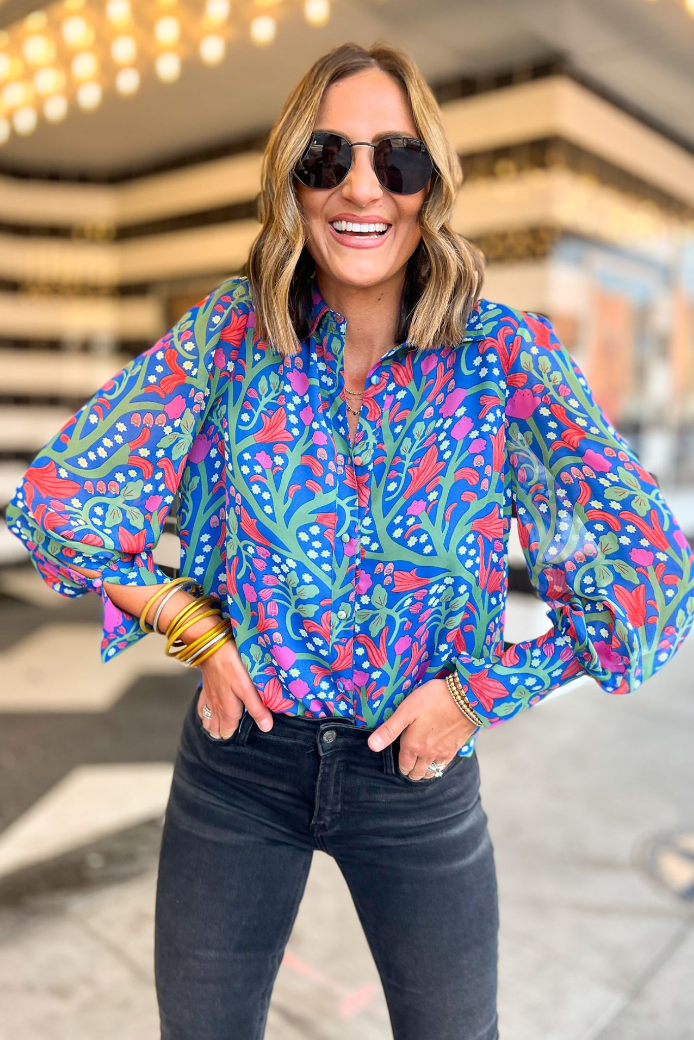 Blue Floral Bubble Long Sleeve Button Down Top, floral print, bright fall top, light weight, work wear, mom style, shop style your senses by mallory fitzsimmons