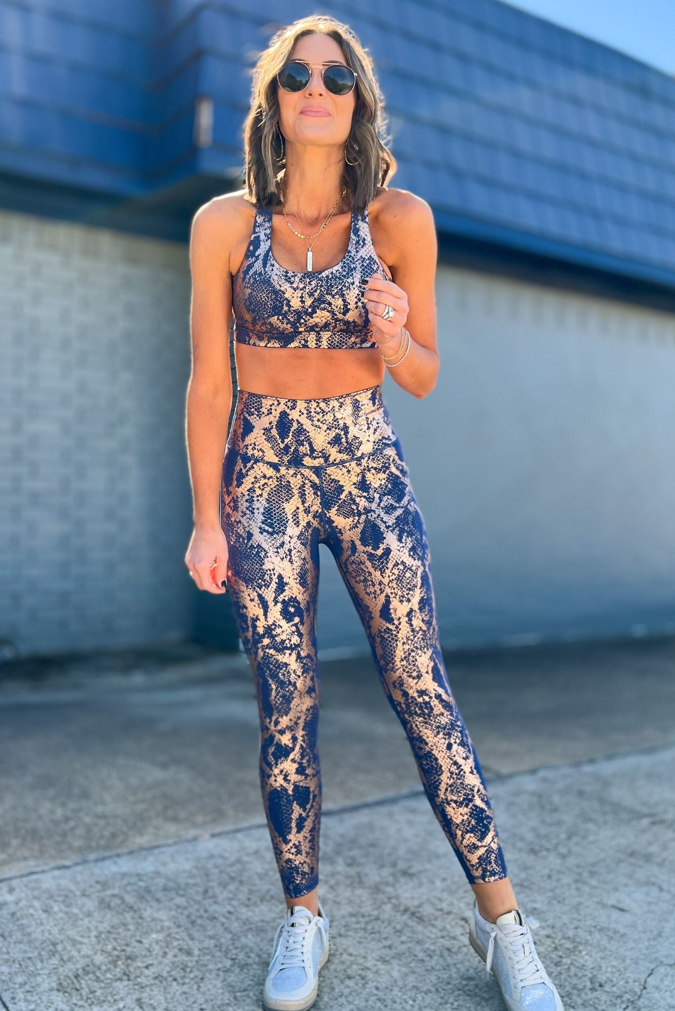 Load image into Gallery viewer, Copper Metallic Scale Print On Navy Active LeggingsSSYS The Label, athleisure, everyday wear, mom style, layered look, must have, shop style your senses by mallory fitzsimmons
