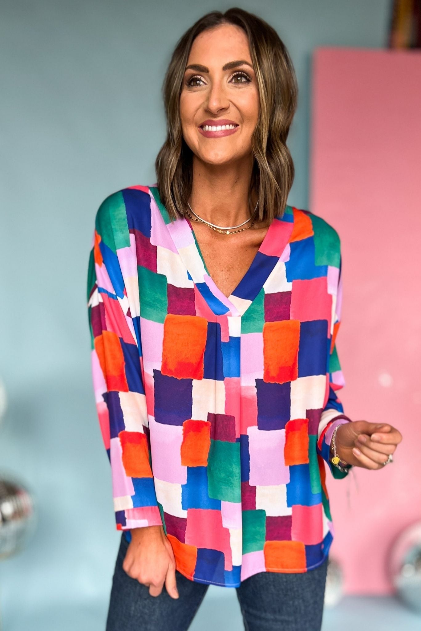 Multi Rectangle Printed V Neck Cuffed Long Sleeve Top