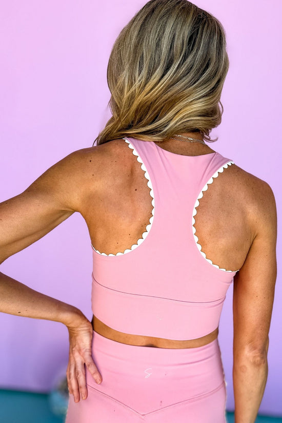 Load image into Gallery viewer, SSYS Pink With White Mini Scallop Racerback Sports Bra matching set, compression, criss cross, gym wear, must have, shop style your senses by mallory fitzsimmons
