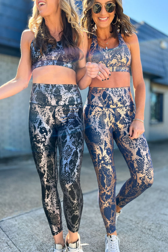 Load image into Gallery viewer, Copper Metallic Scale Print On Navy Active LeggingsSSYS The Label, athleisure, everyday wear, mom style, layered look, must have, shop style your senses by mallory fitzsimmons
