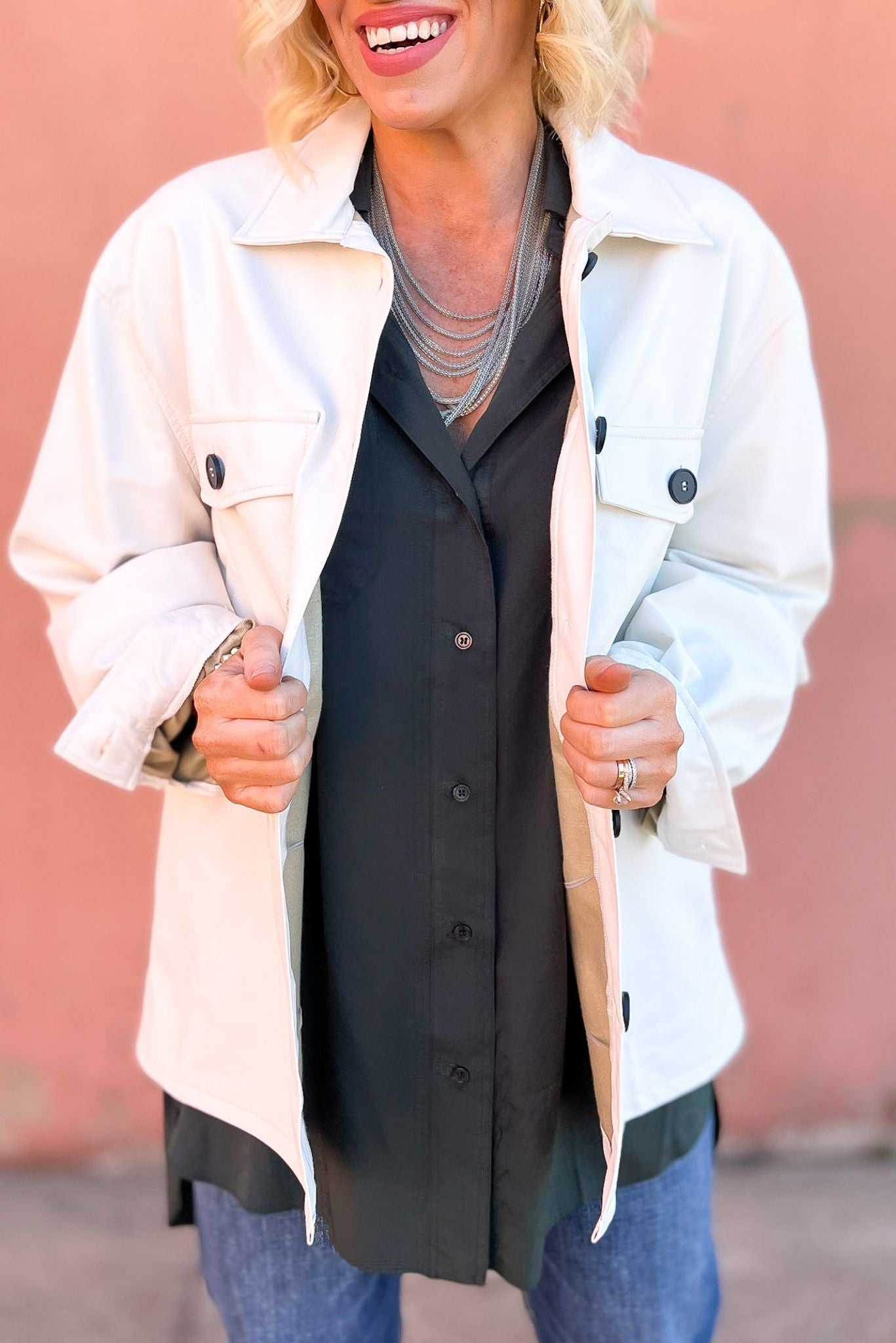 Off White Faux Leather Front Pocket Shacket, fall fashion, fall must have, layered look, elevated look, mom style, shop style your senses by mallory fitzsimmons