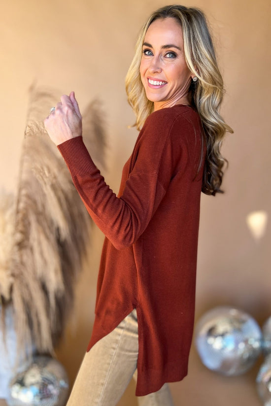 Load image into Gallery viewer, Dark Rust V Neck Front Seam Side Slit Sweater, everyday sweater, must have, front seam detail, mom style, elevated look, shop style your senses by mallory fitzsimmons

