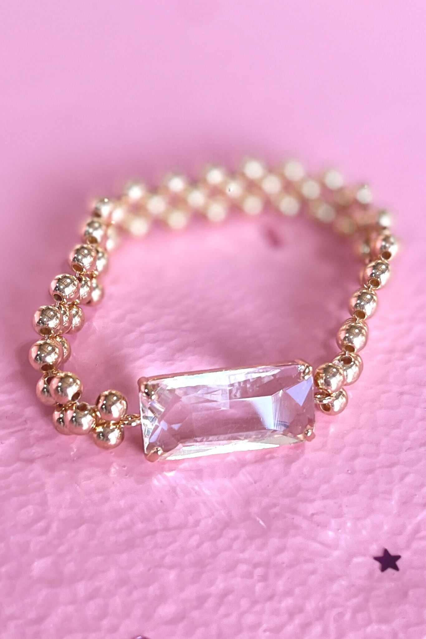 Gold Beaded Rectangle Clear Glass Stone Bracelet