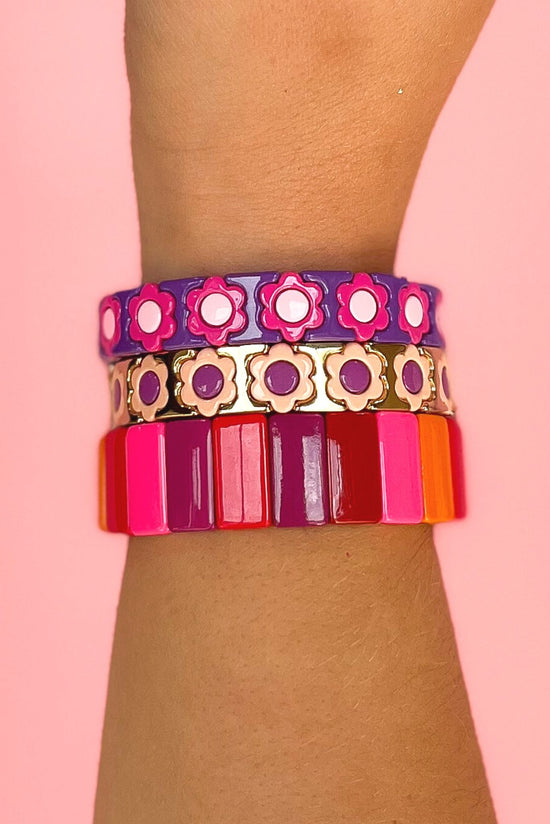 Load image into Gallery viewer, purple hot pink Flower Tile Bracelet, fall fashion, fall stack, must have, elevated look, elevated stack, mom style, shop style your senses by mallory fitzsimmons
